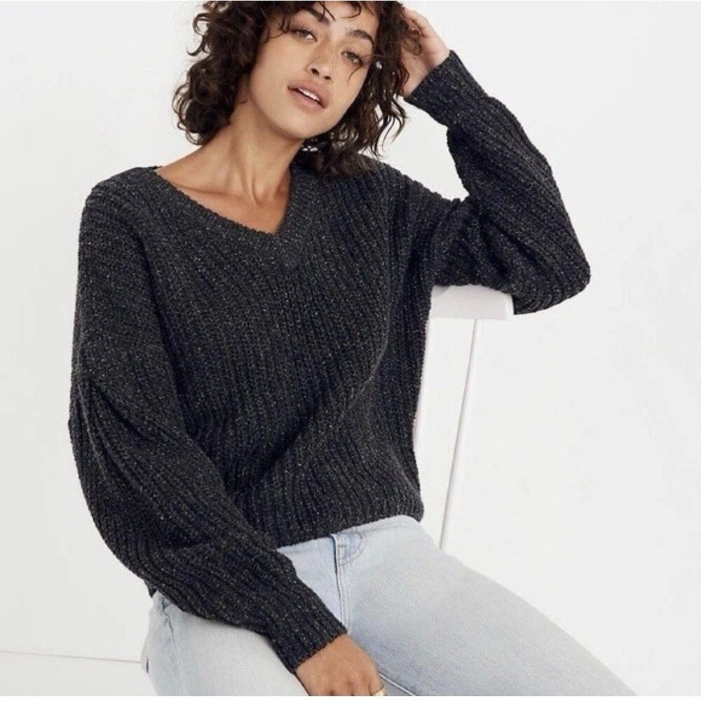 Madewell Gray Colorfleck Ribbed Chunky Sweater Sz M Wool/Silk blend Preppy Fall